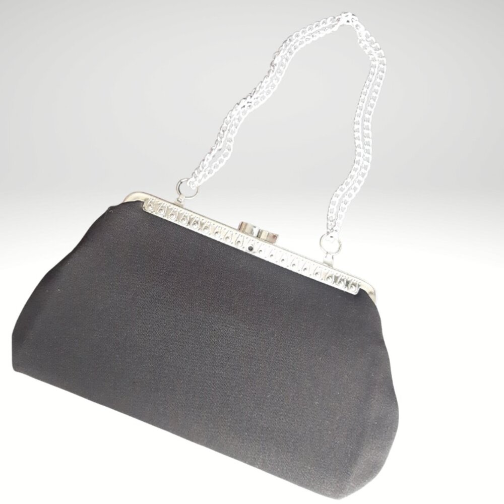 Black Evening Purse, Fabric W/ Silver Tone Metal